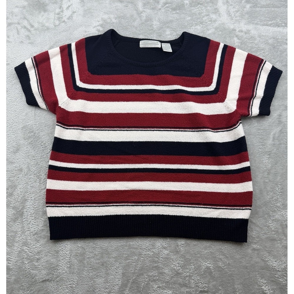 Carolyn Taylor Short Sleeve Sweater Women's XL Red White Navy Blue Crewneck